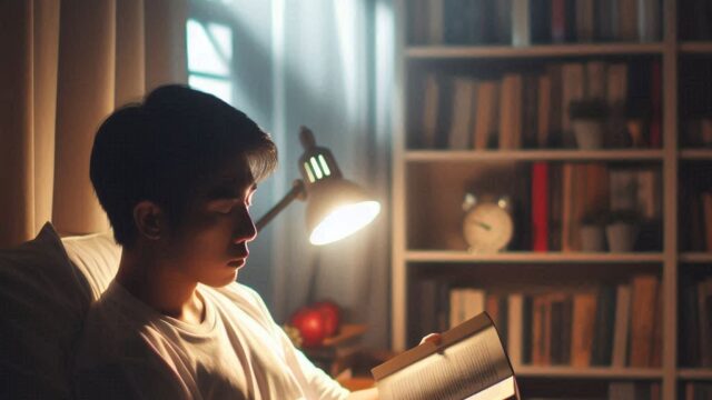 ベッドで読書している男性