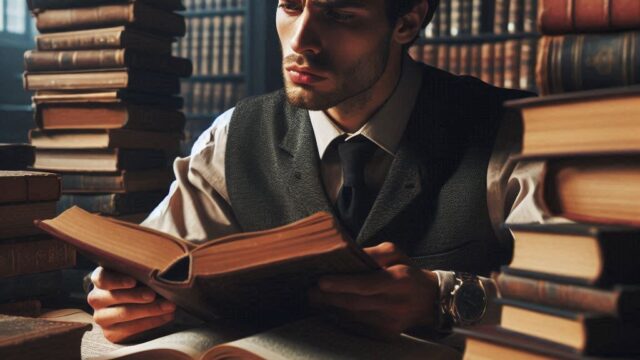 真剣な表情で読書する男性