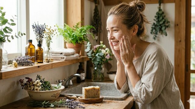 洗顔している女性